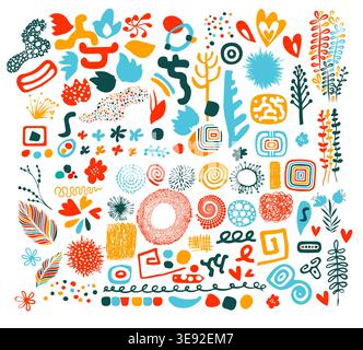 Big set of Hand drawn various colorful shapes and doodle objects. Abstract contemporary modern trendy vector illustration. All elements are isolated Stock Vector