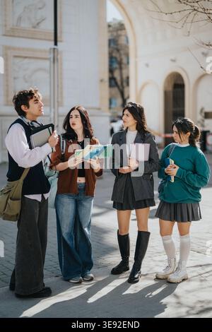 Four students standing in a city archway looking at a map and talking Stock Photo