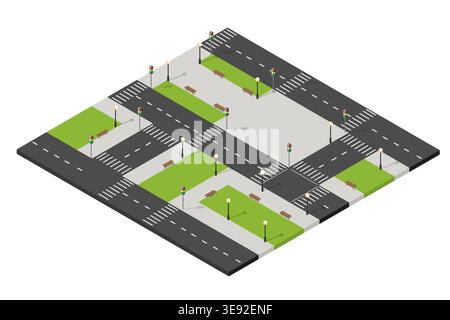 Isometric city map with crossroad, traffic lights, street lanterns and park benches showing urban infrastructure Stock Vector