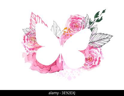 White butterfly on watercolor flowers . Hand drawn. Not AI, vector illustration. Stock Vector