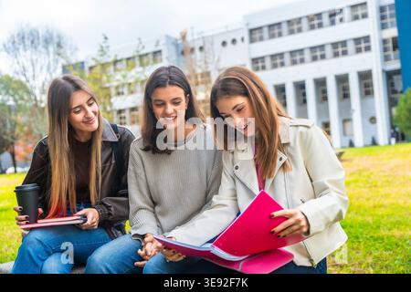 Female students learning together on campus lawn Stock Photo