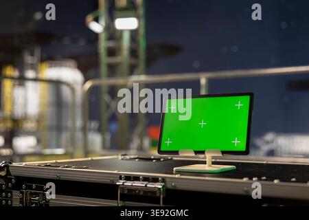 Green screen mockup tablet on offshore platform used for monitoring anomaly detection at night. Chroma key device on drilling ship deck used for managing subsea systems, close up shot Stock Photo