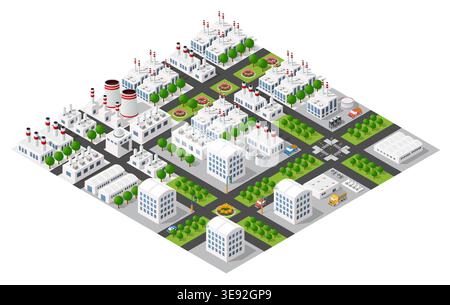 Isometric industrial city with factories producing goods and services, offices, skyscrapers and green areas Stock Vector