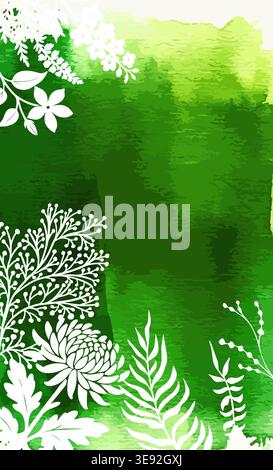 Watercolor green background with delicate white flowers around the perimeter . Hand drawn. Not AI, vector illustration. Stock Vector