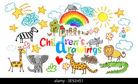 A set of cute children's drawings . Hand drawn. Not AI, vector illustration. Stock Vector