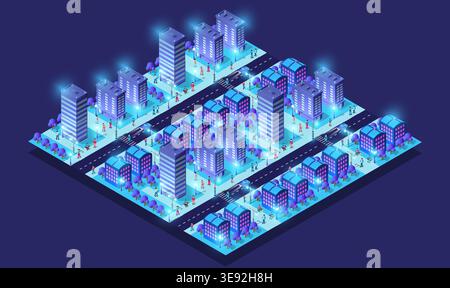 Smart city concept with business people walking on the street at night Stock Vector