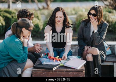 Students sitting outdoors studying and chatting together with notebooks and stationery on a bench Stock Photo