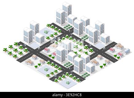 Modern isometric city center covered with snow during winter Stock Vector