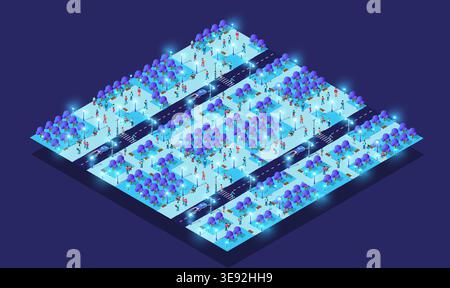 Modern smart city park at night showing pedestrians walking in an urban park Stock Vector