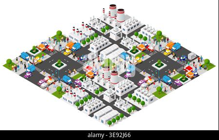 Isometric city with factories and people walking and driving cars Stock Vector