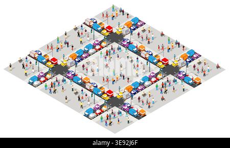 Busy crossroad with people and cars in isometric projection Stock Vector