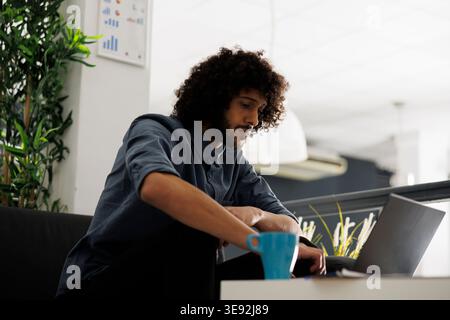Start up company executive manager making presentation on laptop in business office. Young handsome arab entrepreneur checking sales data and financial report on computer Stock Photo