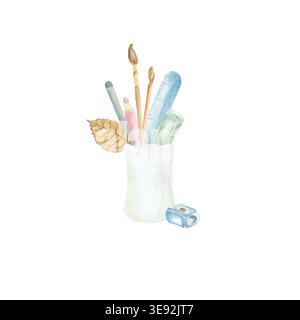 A watercolor illustration of school stationery on a white background. Suitable for cards, labels, advertising, decor, stickers, and stationery Stock Photo