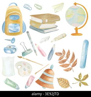 Watercolor set of school supplies on a white background. Suitable for cards, labels, advertising, decor, and stationery. Stock Photo