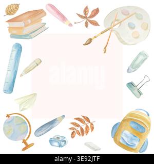 A watercolor frame of school stationery on a white background. Suitable for cards, labels, advertising, decor, and stationery Stock Photo