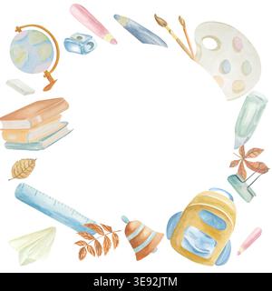 A watercolor school stationery frame on a white background. Suitable for cards, labels, advertising, decor, and stationery Stock Photo