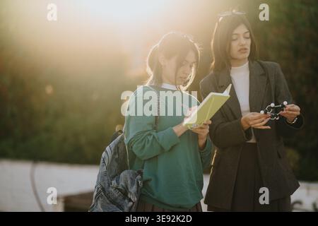 Two students studying together outdoors with notebook and molecular model at sunset Stock Photo