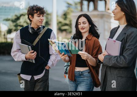 Three students walking and reading together on a university campus, talking and studying outdoors Stock Photo