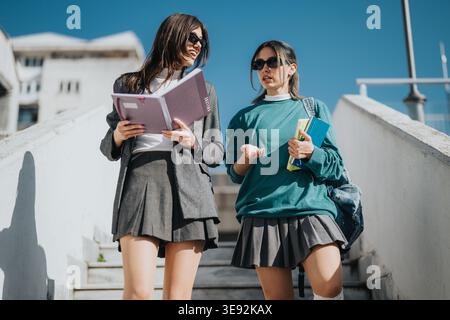 Two students in school uniforms walking down campus stairs talking and carrying books Stock Photo