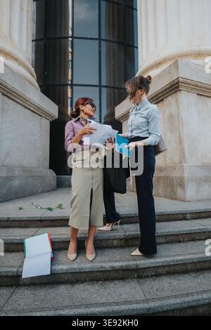 Two business coworkers discussing documents on courthouse steps outside a corporate building Stock Photo