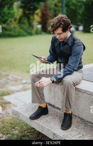 Businessman sitting on concrete steps with tablet and cigarette taking a focused outdoor work break Stock Photo