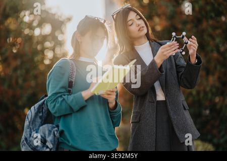 Two students studying chemistry together outdoors examining a molecular model and taking notes Stock Photo