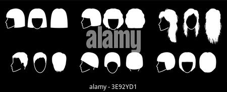 Classic haircut silhouettes set including bob variations, bowl cut, pixie, layered and curl under styles, front profile back views, white shapes on black background for icons UI, beauty salon branding Stock Vector
