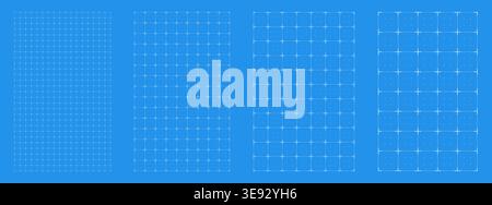 Blueprint grid set dashed plus geometry, four scale variations. Wide medium dense micro spacing comparison, engineering layouts dashboards notebook pages interface planning systems technology graphics Stock Vector