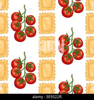 Tomato cherry and ravioli vector seamless pattern. Hand drawn pasta on white background. Italian food for restaurant menu design. Organic kitchen ornament for retro wallpaper and product packaging. Stock Vector
