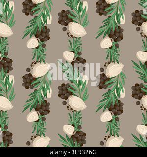 Rosemary and garlic vertical stripe vector seamless pattern. Hand drawn green branch with black pepper on taupe background. Italian cooking spice graphic design for kitchen print or textile fabric. Stock Vector