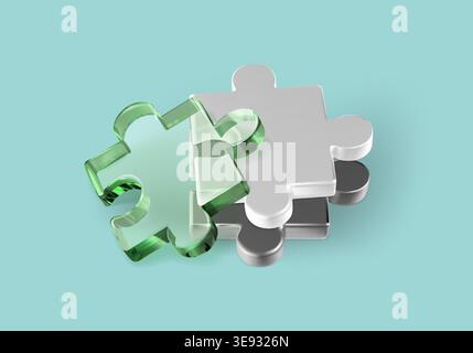 3D metal and transparent glass puzzle piece. Perspective render jigsaw, join parts and solve problems. Concept for team collaboration and logic game Stock Vector