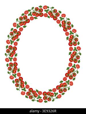 Oval wreath of tomato cherry branch with basil leaf vector food illustration. Hand drawn cartoon frame graphic. Organic ingredient for restaurant menu design. Perfect for product packaging template. Stock Vector