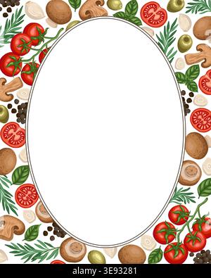 Tomato and mushroom vegetable card background. Vertical vector hand drawn food illustration for cafe menu and restaurant template. Organic farm cartoon drawing of basil and garlic for product design. Stock Vector
