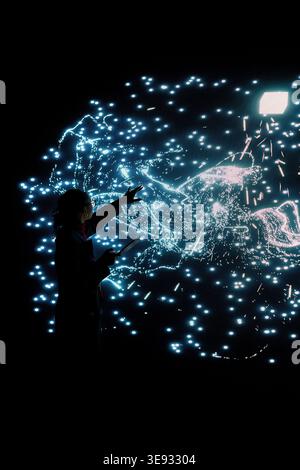 Female scientist fine tuning AI model node clusters with laptop to upgrade processing speed. Software developer uses augmented reality tech to optimize deep learning neural network neurons map Stock Photo