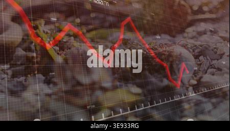Displaying red jagged trend line and grid overlay on gravel bed, showing numeric labels and pebbles Stock Photo