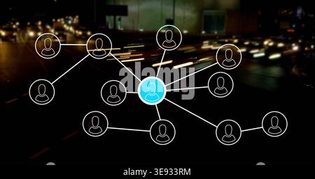 Displaying central blue avatar node linking white avatars over night road with light trails Stock Photo