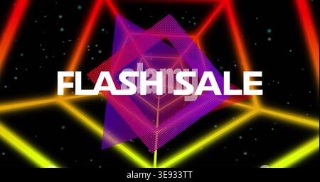 Displaying bold white FLASH SALE centered on synthwave graphic, with neon grid and magenta overlay Stock Photo
