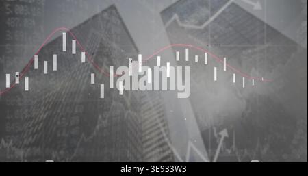 Displaying chart overlay at urban skyline, showing white candlestick bars and red trend line Stock Photo
