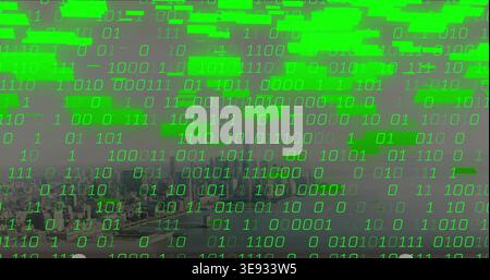 Streaming green binary code overlaying harbor skyline, merging with neon data blocks, docks, boats Stock Photo
