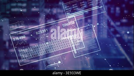 Projecting holographic keyboard and HUD panels over blurred workspace, showing numeric readouts Stock Photo