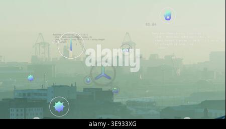Displaying HUD cluster overlaying port skyline at dawn, showing rotor icon, cranes and HVAC units Stock Photo