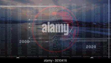 Overlaying red reticle centering on horizon at bay, showing data columns timeline 2006 2020 Stock Photo