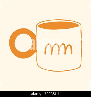 Vector illustration of a white ceramic mug with a solid yellow round handle and wavy abstract lines. Trendy doodle graphic of a modern coffee cup for Stock Vector