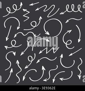 Set of white hand drawn style arrows on black background. High contrast doodle arrows with curved spiral and zigzag shapes. Perfect for social media d Stock Vector