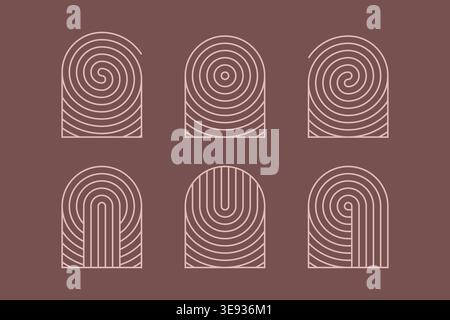 Abstract fingerprint-inspired pattern collection with archway and doorway elements. Artsy boho-style design, ideal for fashion, lifestyle Stock Vector