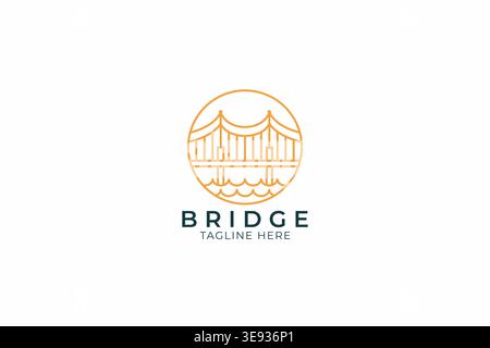 Minimalist suspension bridge logo with orange lines and wave shapes inside a circular frame. Modern design symbolizing connection and stability. Stock Vector