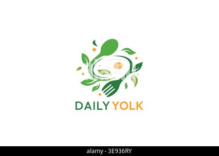 Minimalist food logo with fried egg, leaves, spoon, and fork in circular design. Symbolizes freshness and healthy dining, for branding food lifestyle Stock Vector