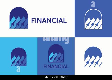 Financial logo with arch and upward arrows in blue tones. Symbolizes growth, progress, and stability, perfect for branding in finance, investment Stock Vector
