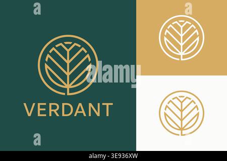 Circular logo with geometric leaf pattern. Symbolizes verdant growth and elegance, perfect for fashion, beauty, lifestyle, and business finance brand Stock Vector