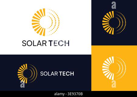 Circular logo with sun rays and concentric dots. Symbolizes solar energy and technology integration, ideal for renewable energy and corporate branding Stock Vector